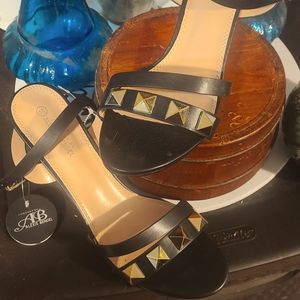 New Alexis Bendel  black scrappy heels with diamond gold metal embellishments